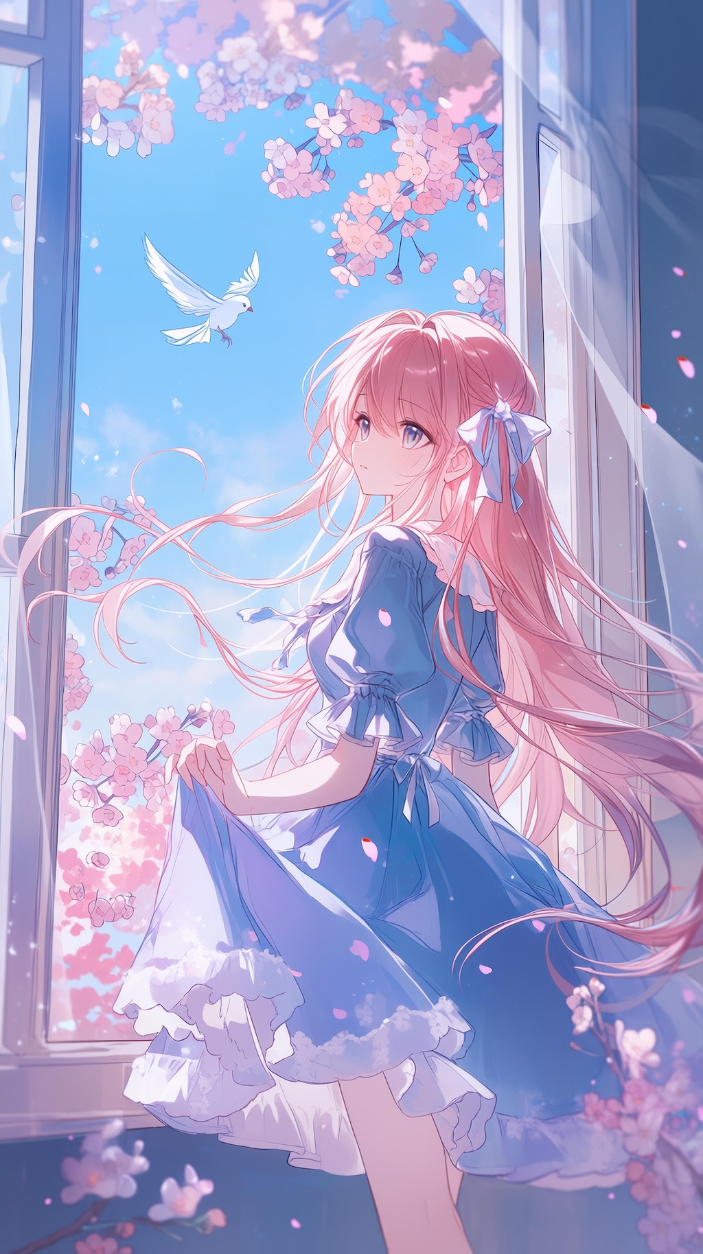 桜舞う窓辺の春風少女