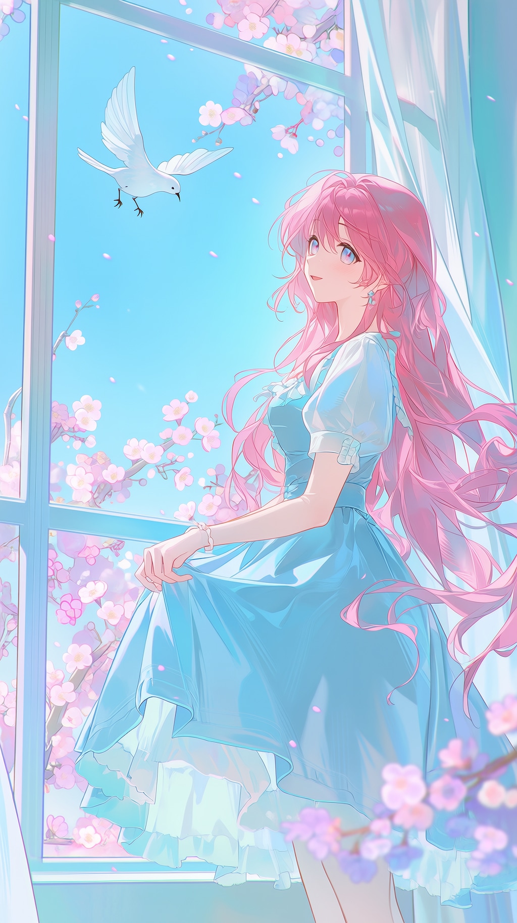 桜舞う窓辺の春風少女