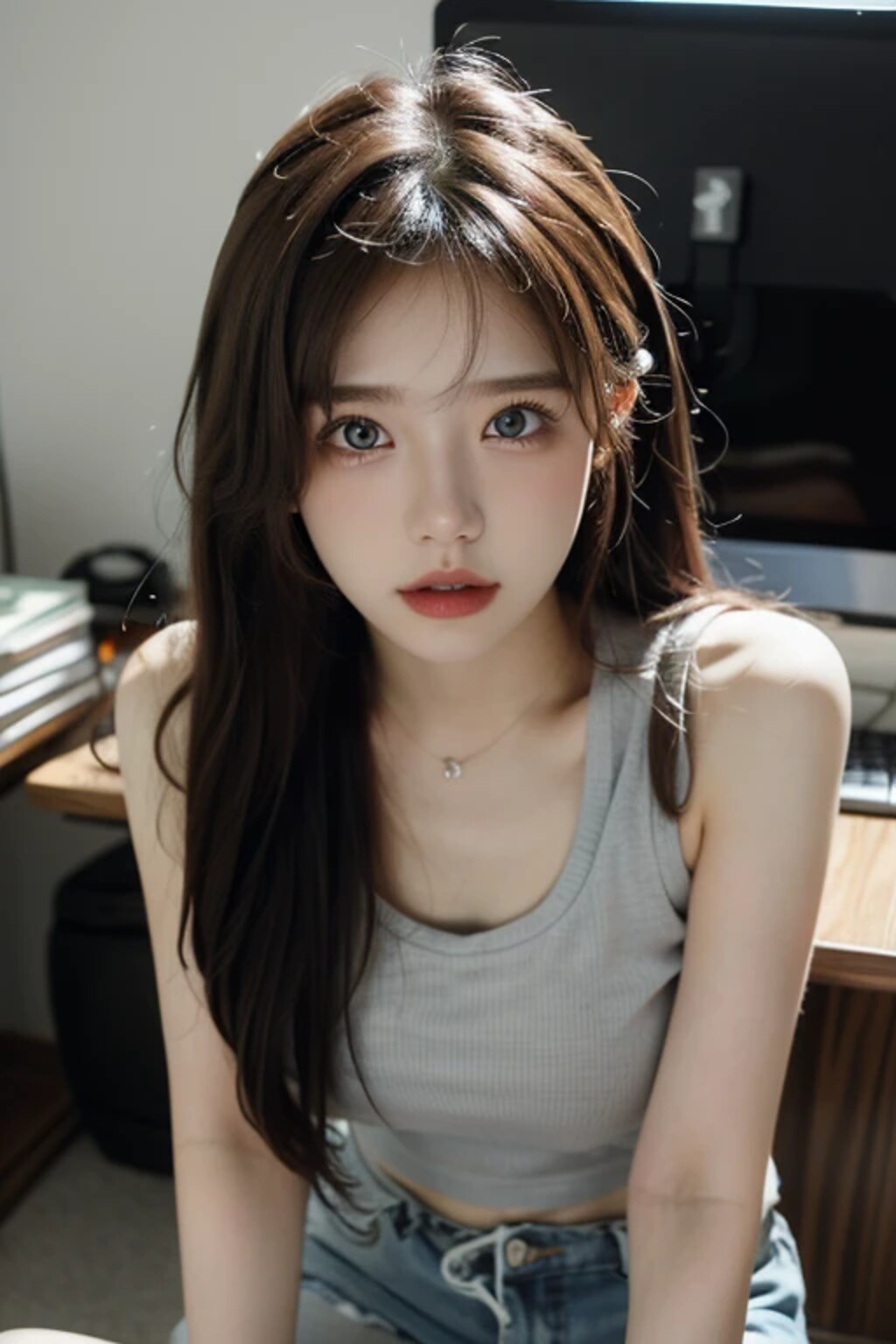 タンクトップで仕事をする女性