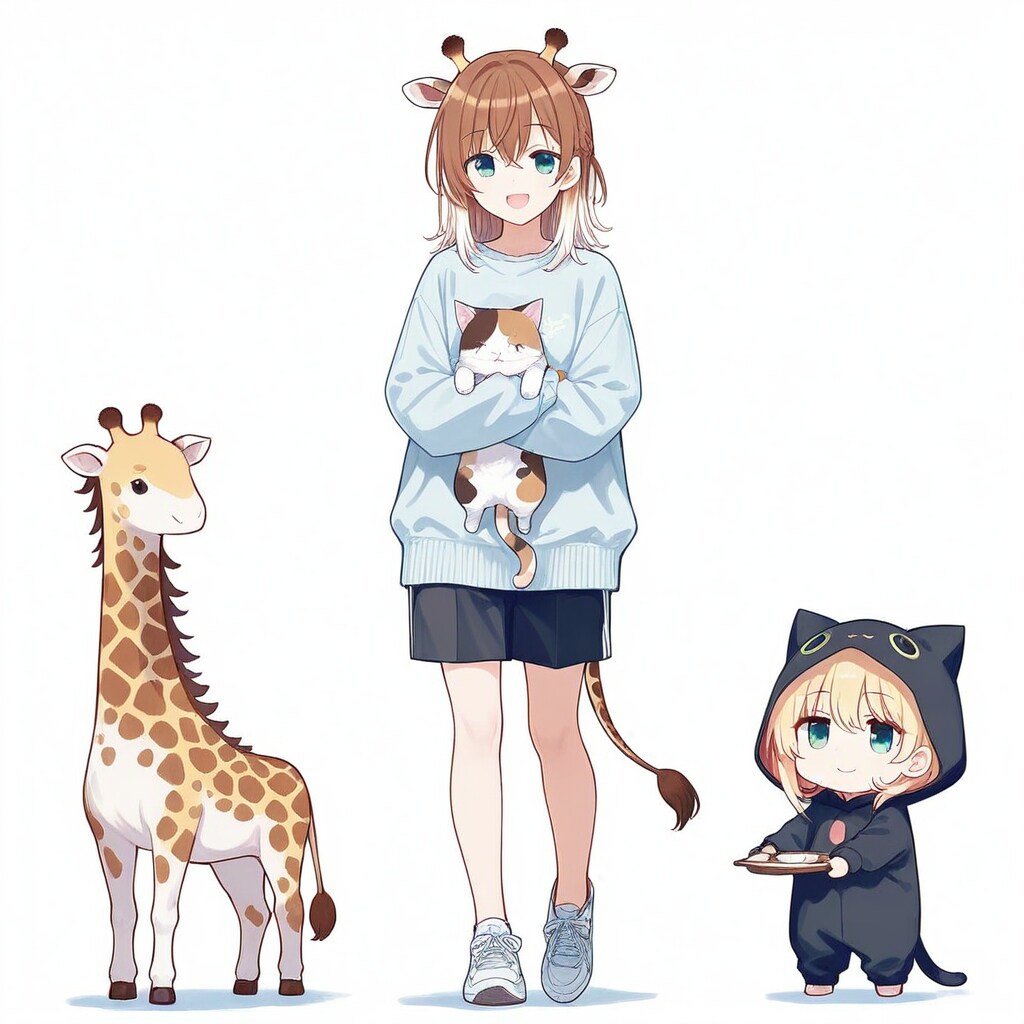 三毛猫とちびキリンとちび子ちゃんとお姉さん | の人気AIイラスト・グラビア