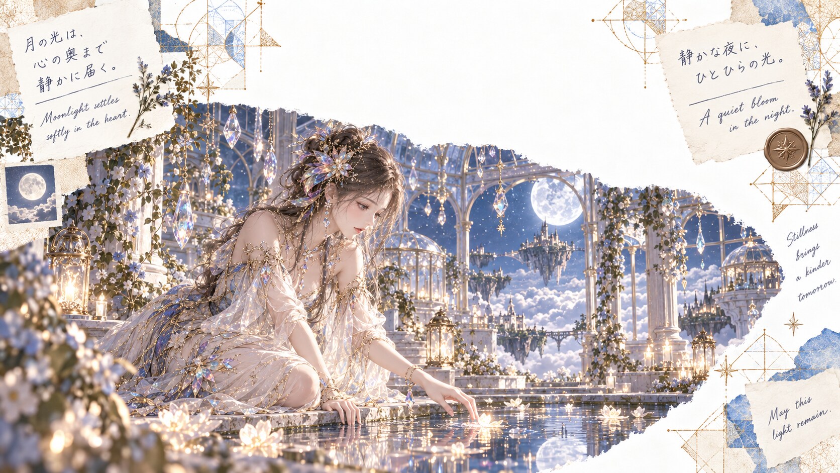 Moonlit Conservatory — Where Dreams Bloom Quietly  Moonlight settles softly in the heart.  Within a | の人気AIイラスト・グラビア