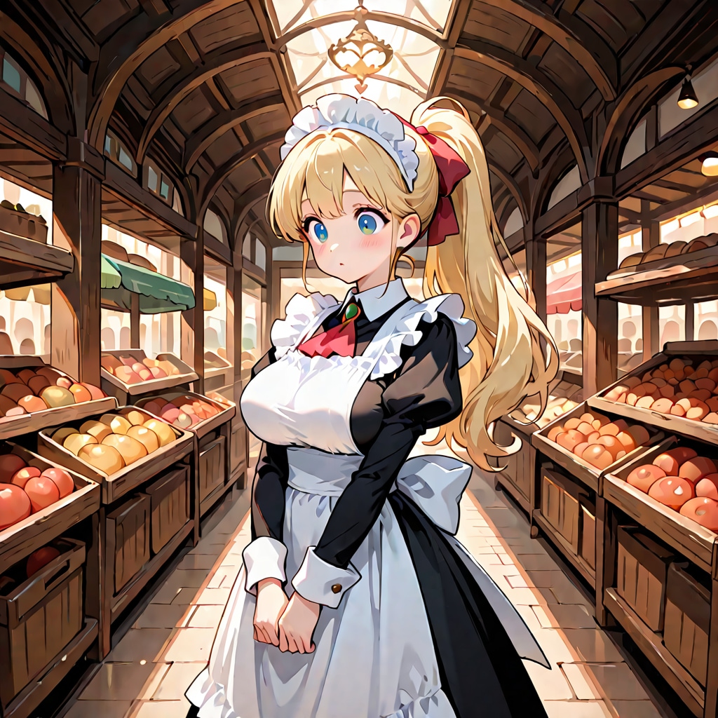 お城のお姫様。お忍びでメイドさんの格好で買い物へ来ています