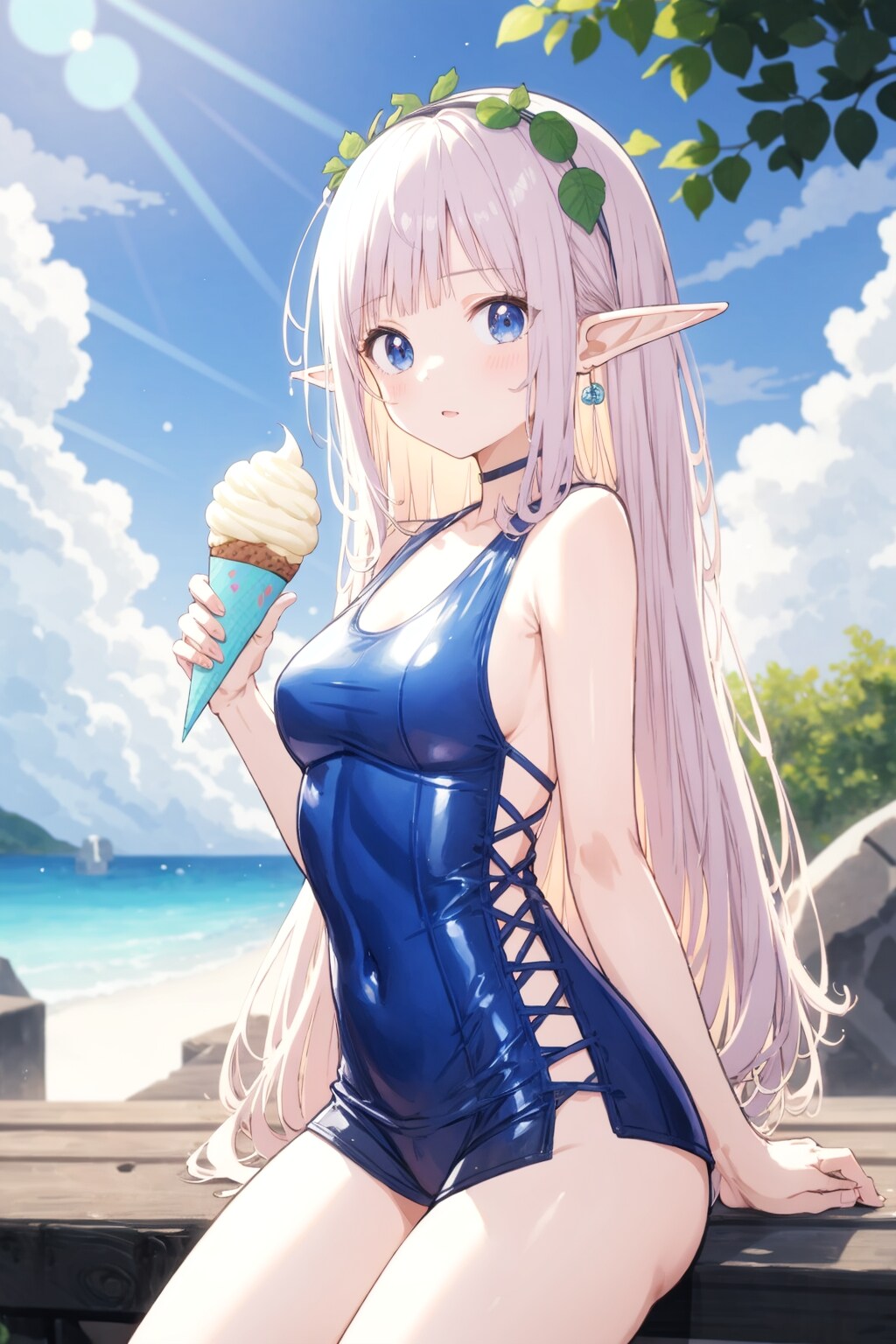 アイスクリームを食べるエルフ少女