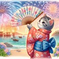 水彩絵 花火大会、浴衣でうちわをあおぐ猫 3枚目
