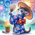 水彩絵 花火大会、浴衣でうちわをあおぐ猫 4枚目