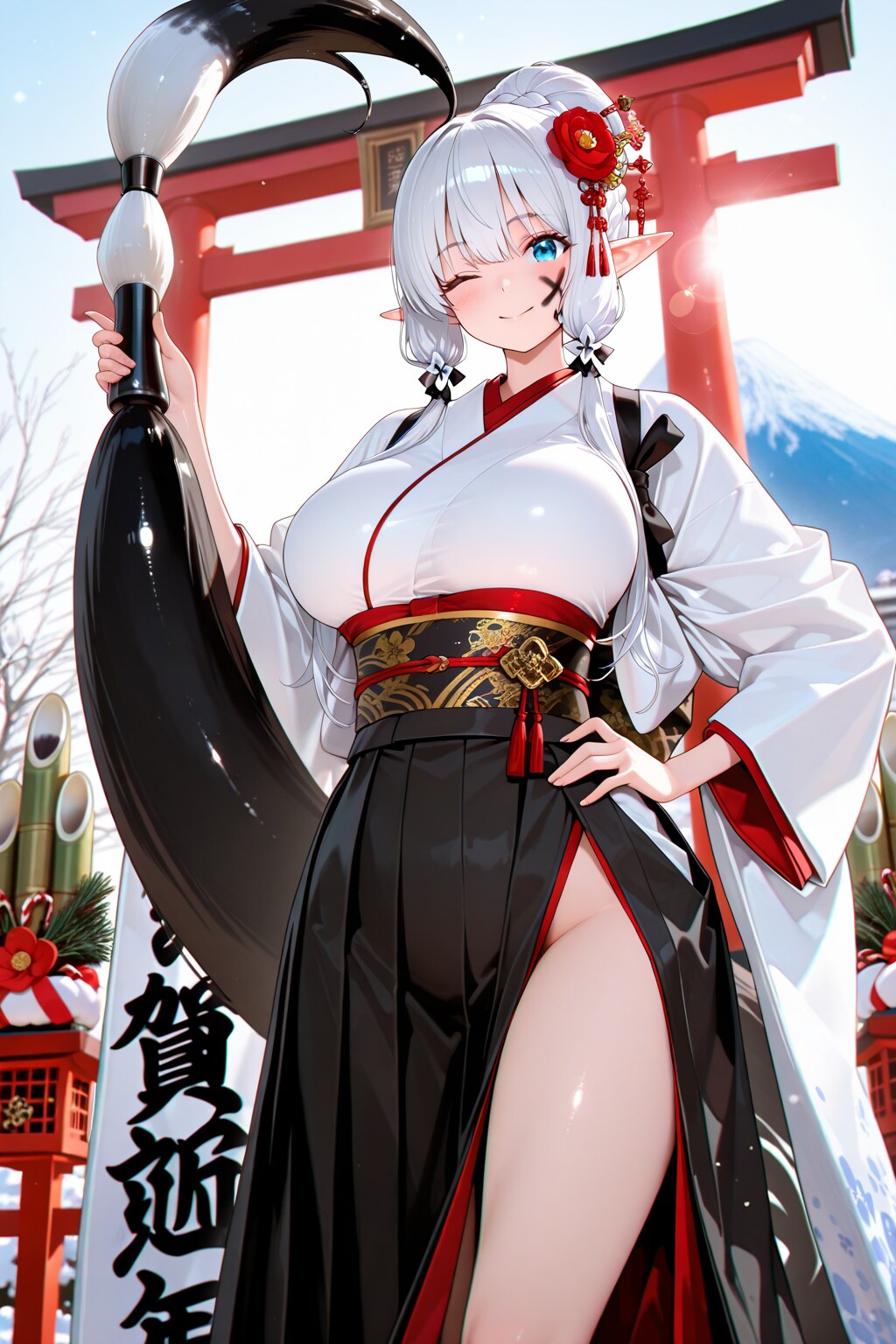 新年の書き初め？をするエルフの女の子