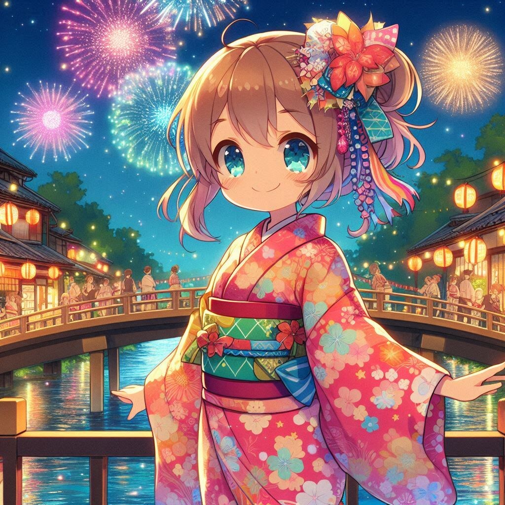 『anime-illust, yukata, fireworks』