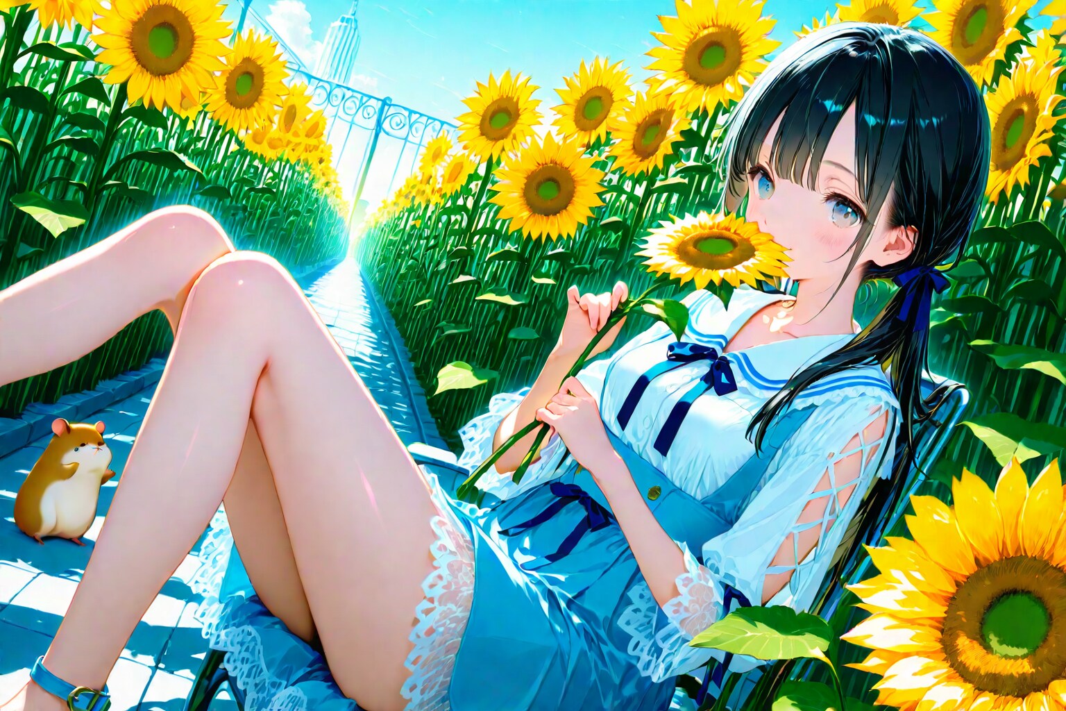 ひまわり畑のお嬢さんとハムスターと | の人気AIイラスト・グラビア