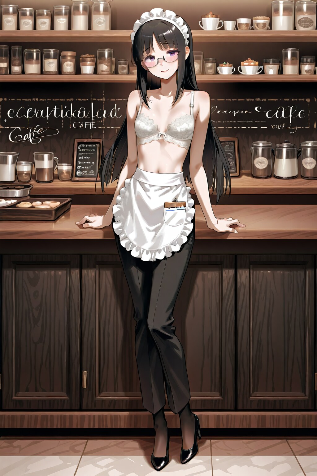 ブラ姿のカフェウェイトレス