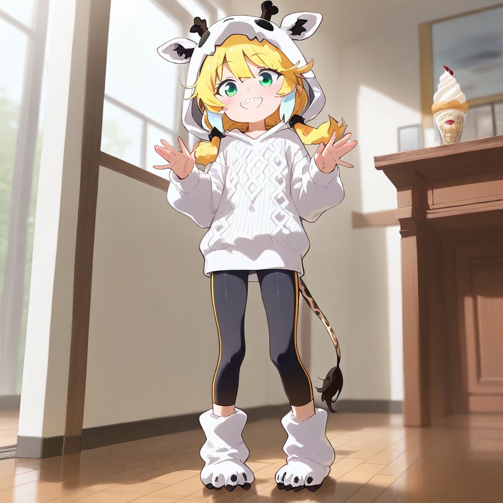 リビングに立つ白いアニマルパーカーちゃん