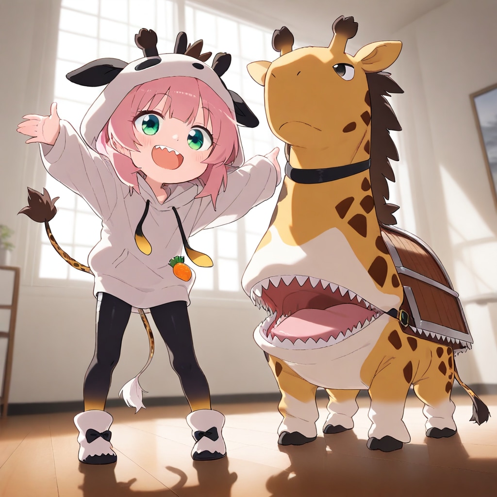 リビングに立つ白いアニマルパーカーちゃん