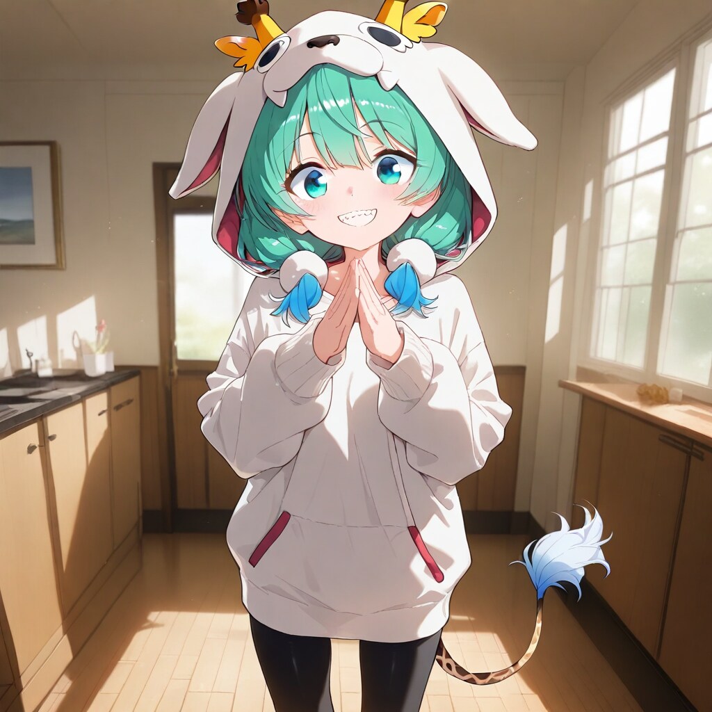 リビングに立つ白いアニマルパーカーちゃん