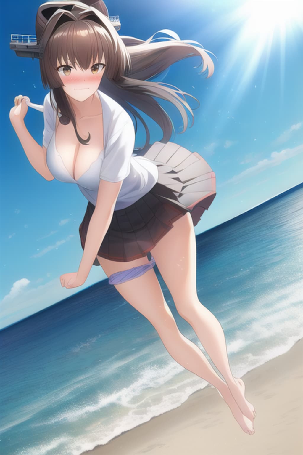 ビーチで波と戯れる大和さん。いたずらな風にぷんすこなのです。