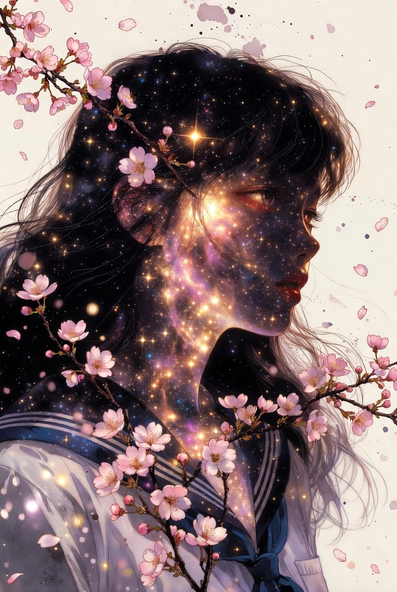 桜の花びらに導かれ、宇宙を宿した心でセーラー服を纏い、人生の新たな星座を描き始める感動の入学式