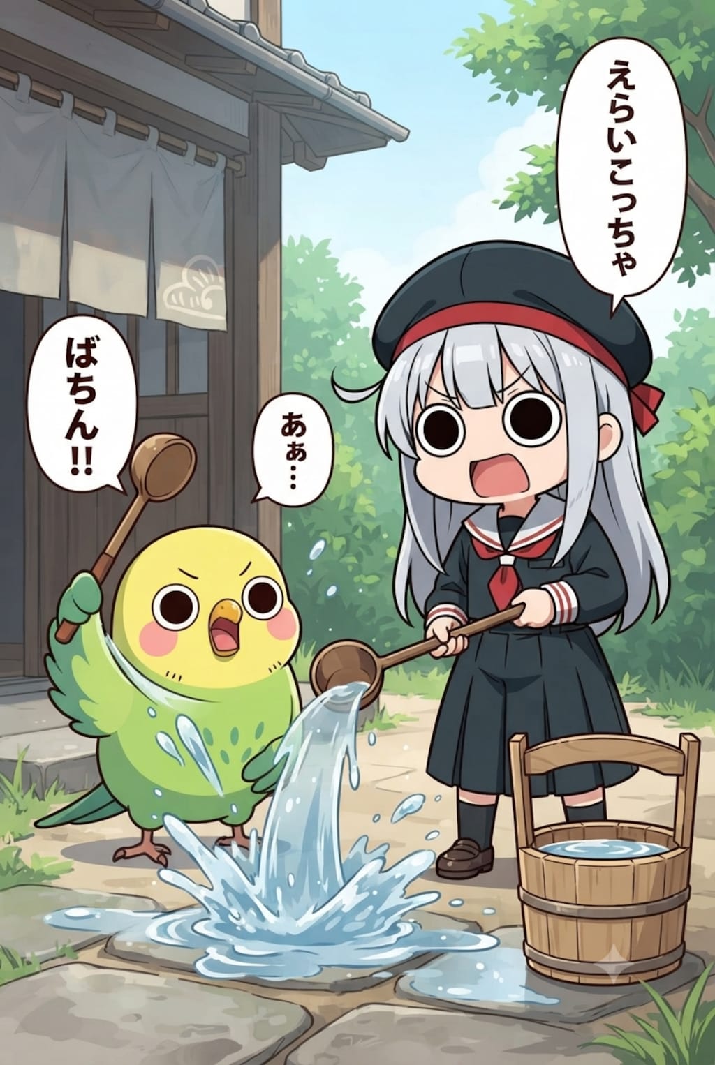 打ち水をするえらいこっちゃコンビ