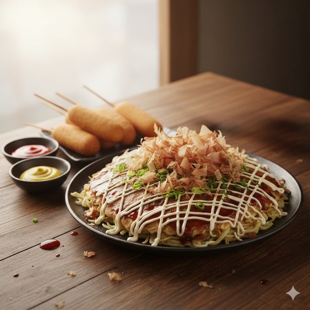 【昼食】お好み焼き、アメリカンドッグ