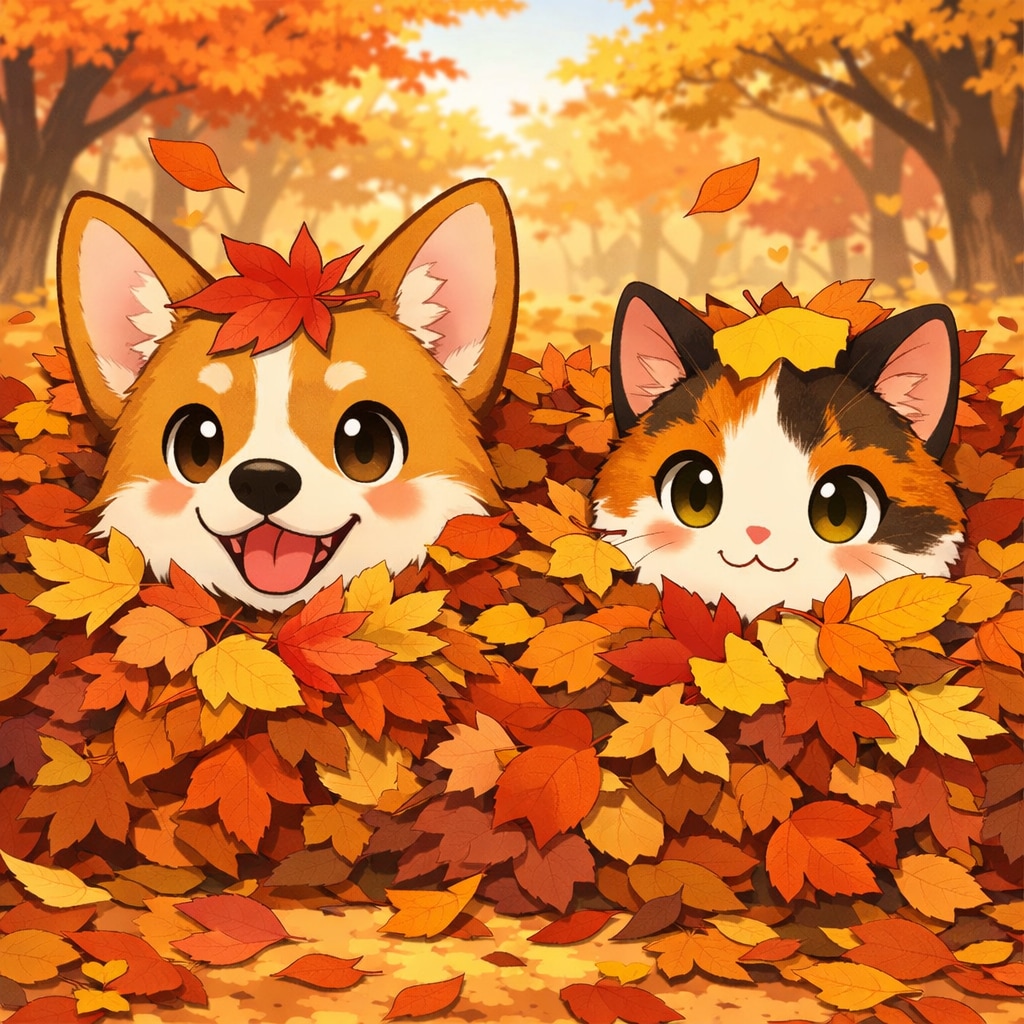 【動物】落ち葉とコギたんと三毛猫＋犬のお巡りさん