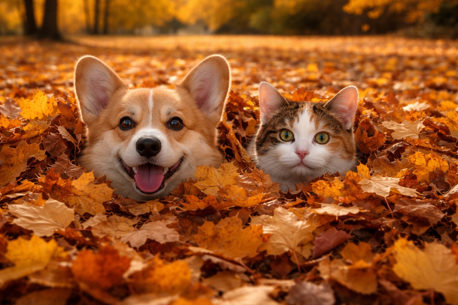 【動物】落ち葉とコギたんと三毛猫＋犬のお巡りさん | の人気AIイラスト・グラビア