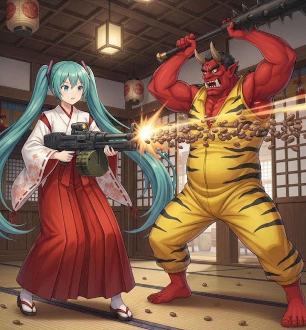 機関銃で豆を撃ちまくるミクさん