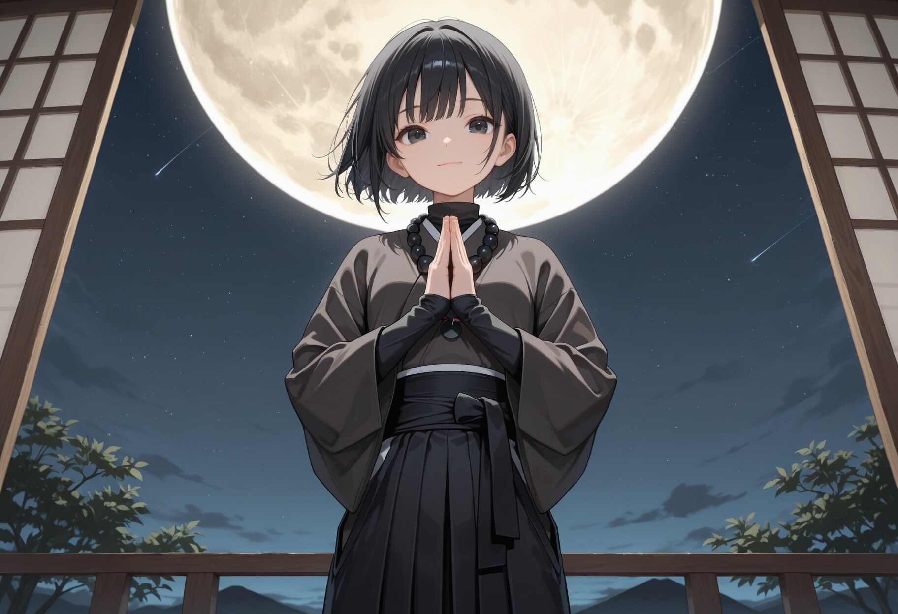 月と合掌する僧侶さん