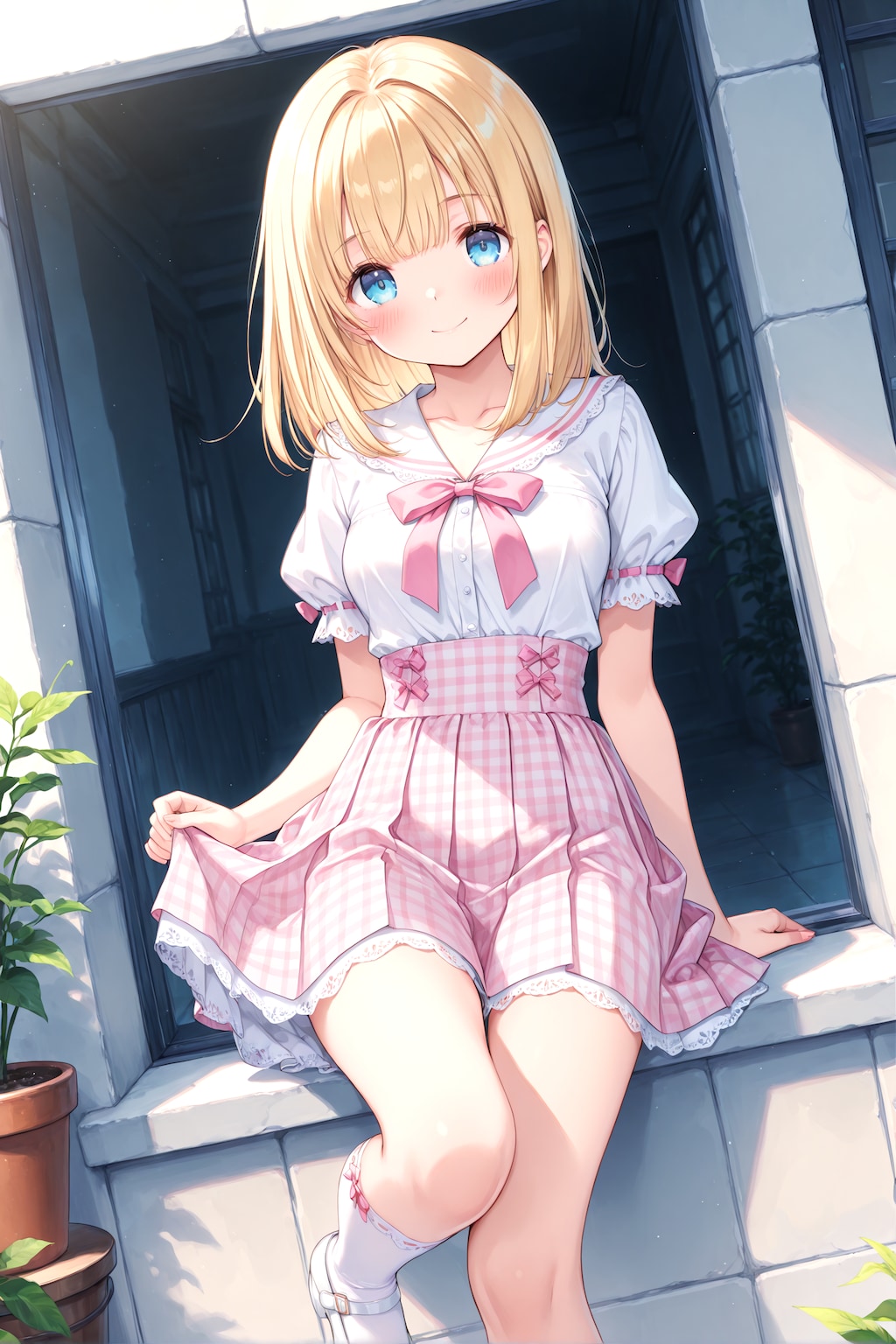 セーラーブラウスとピンクのギンガムチェックスカート