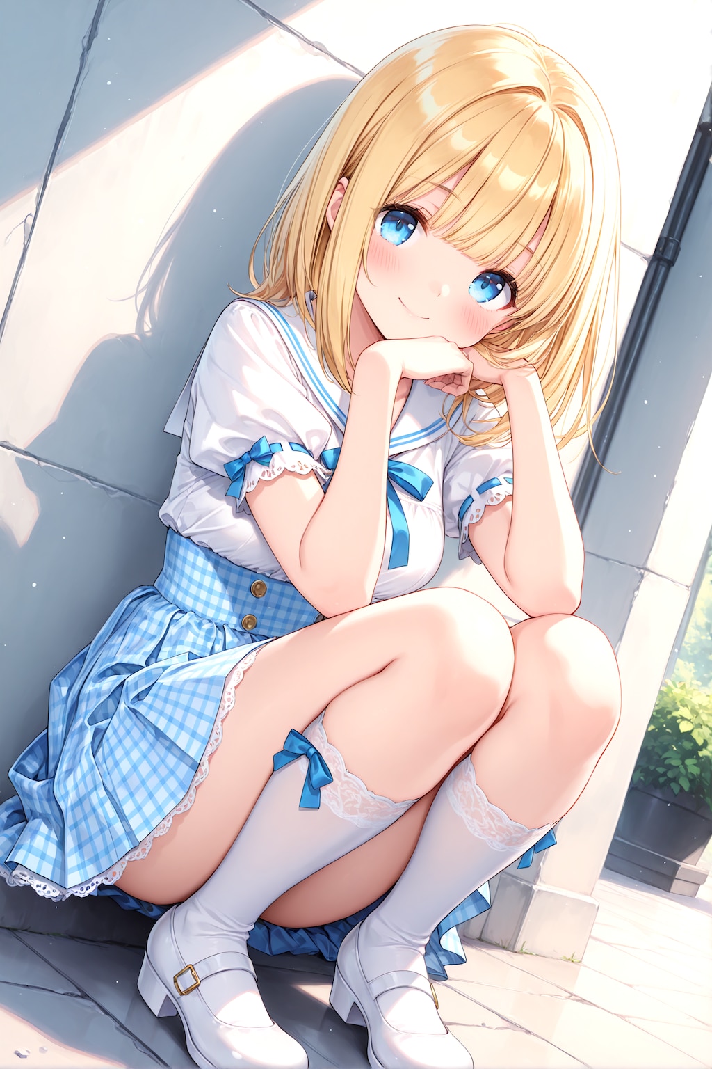 セーラーブラウスとピンクのギンガムチェックスカート