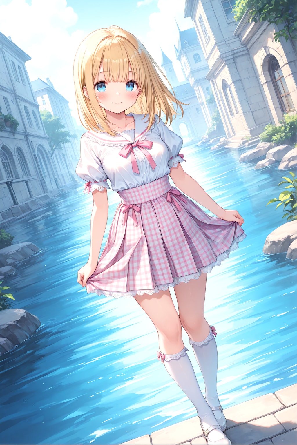 セーラーブラウスとピンクのギンガムチェックスカート