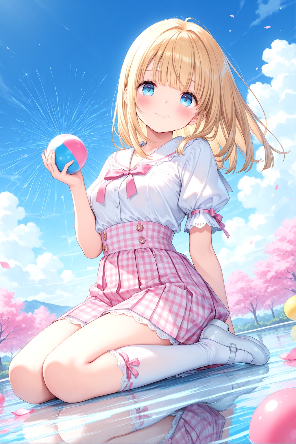 セーラーブラウスとピンクのギンガムチェックスカート