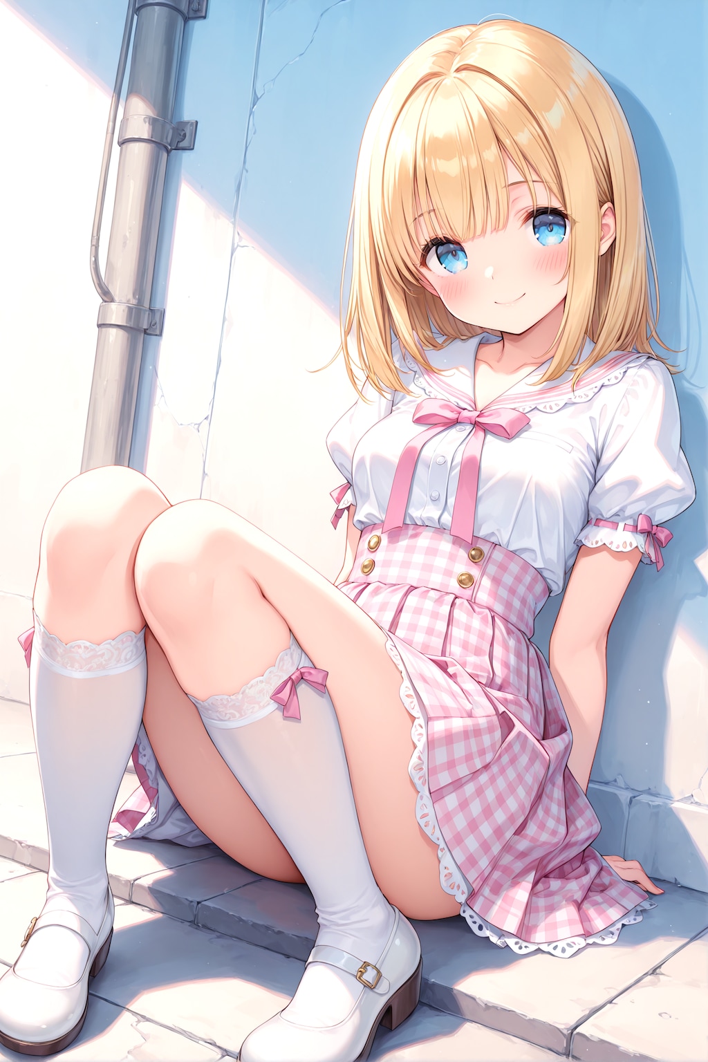 セーラーブラウスとピンクのギンガムチェックスカート