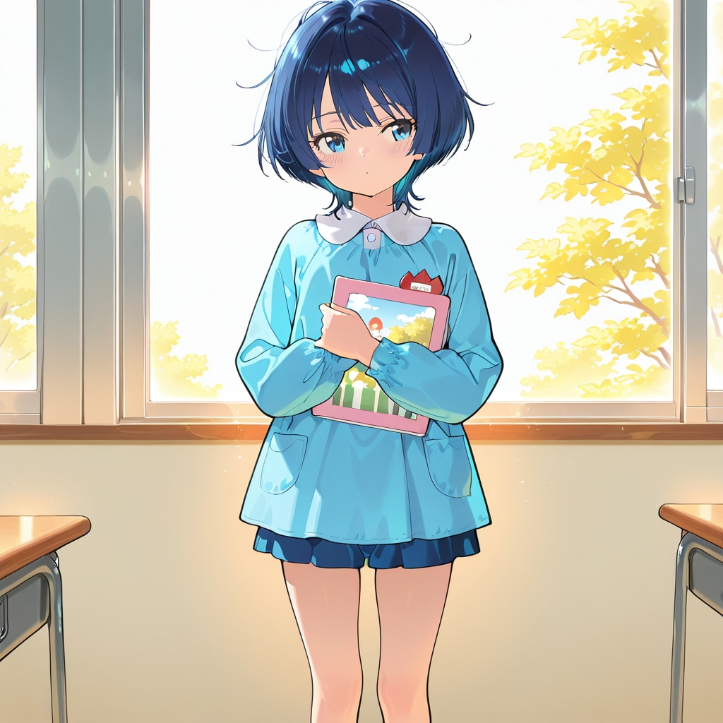 青い絵本を抱えた静かな男の子