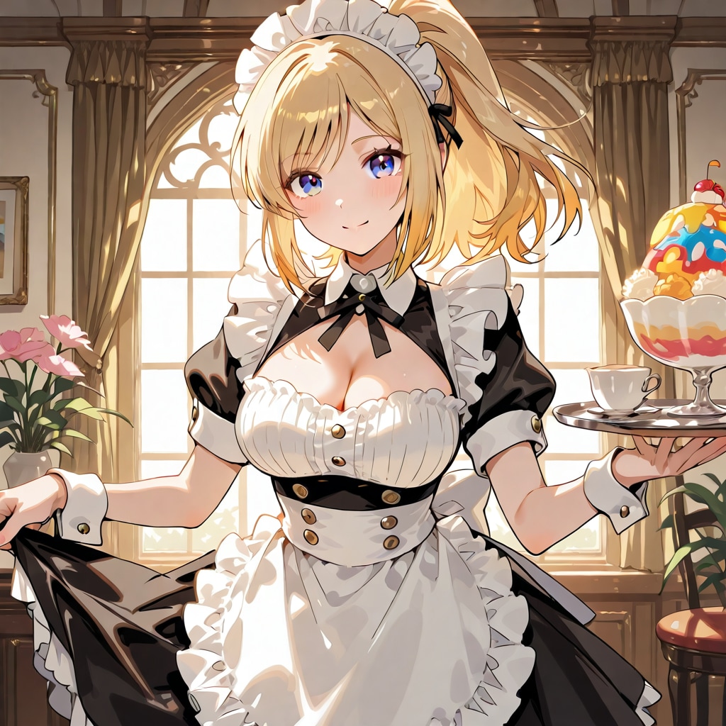 いっぱい色とりどりの風船を持つブロンドポニーテールのメイド服着た美女 | の人気AIイラスト・グラビア