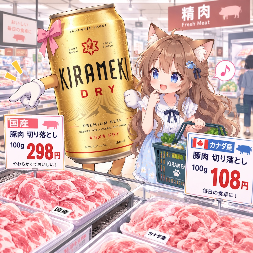 高いお肉を買う小さな女の子