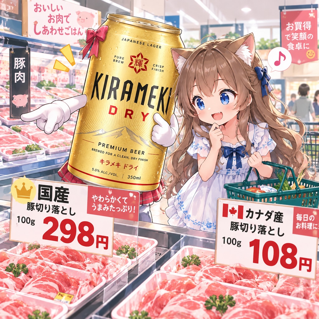 高いお肉を買う小さな女の子