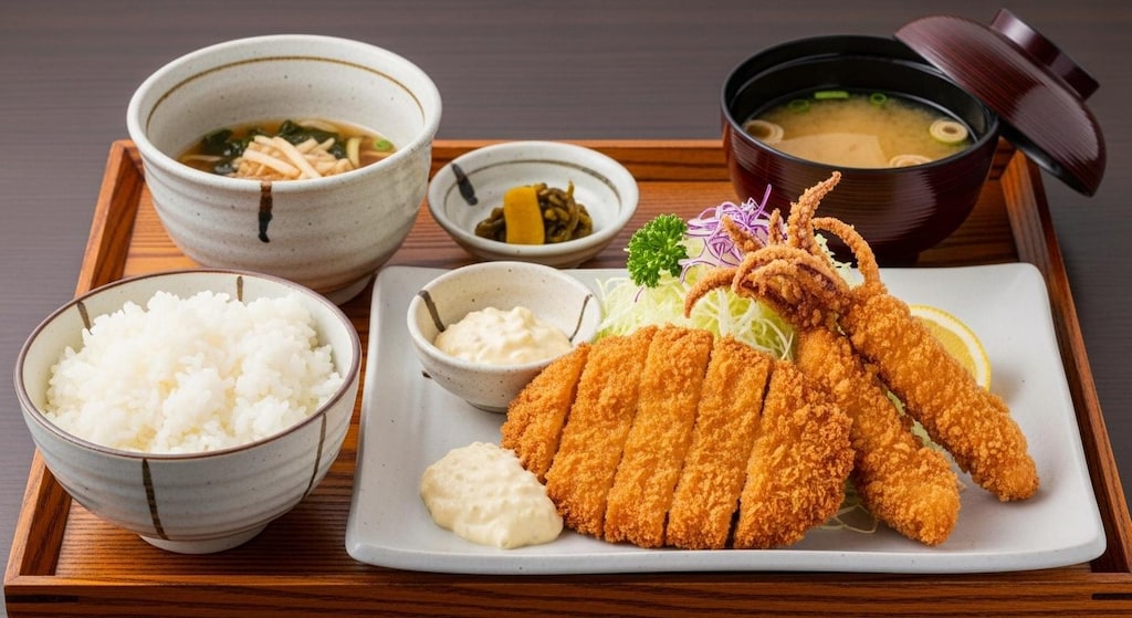 ヒレカツとイカフライ定食タルタルソース付き