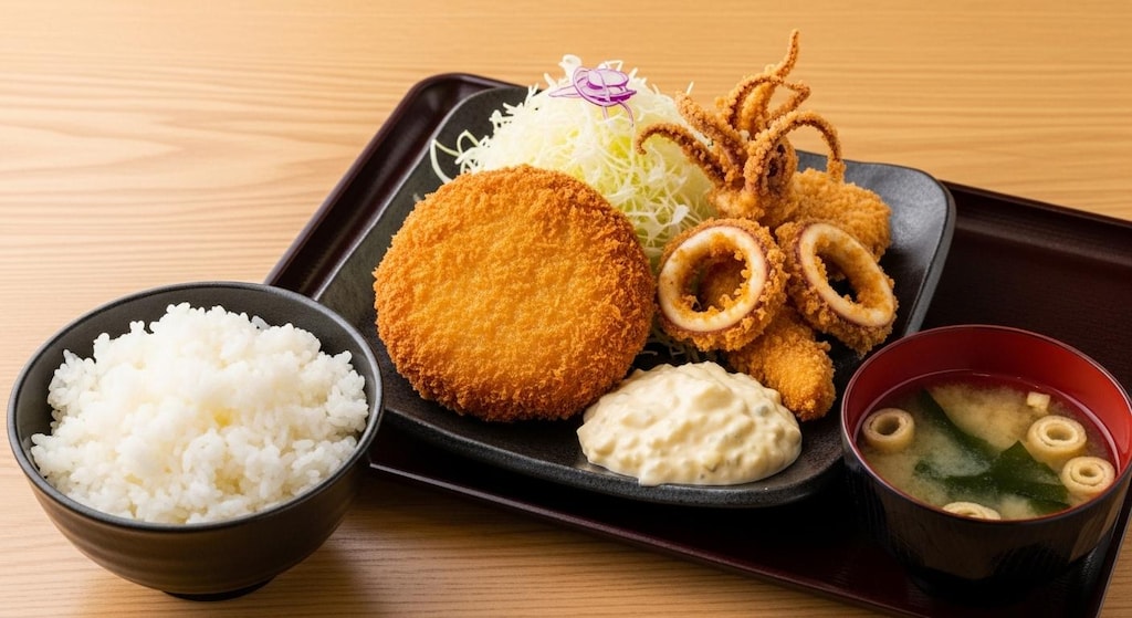 ヒレカツとイカフライ定食タルタルソース付き