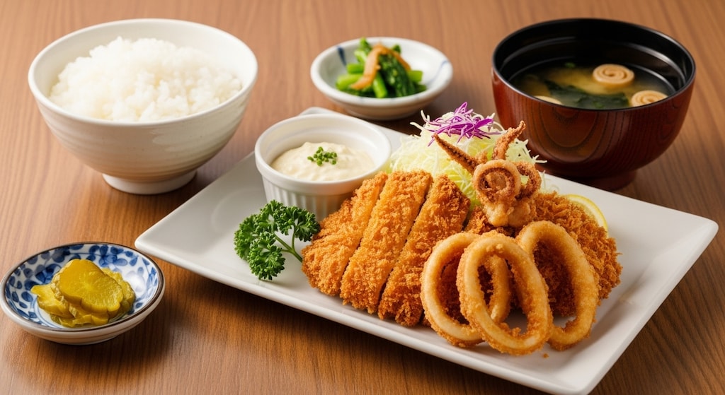 ヒレカツとイカフライ定食タルタルソース付き