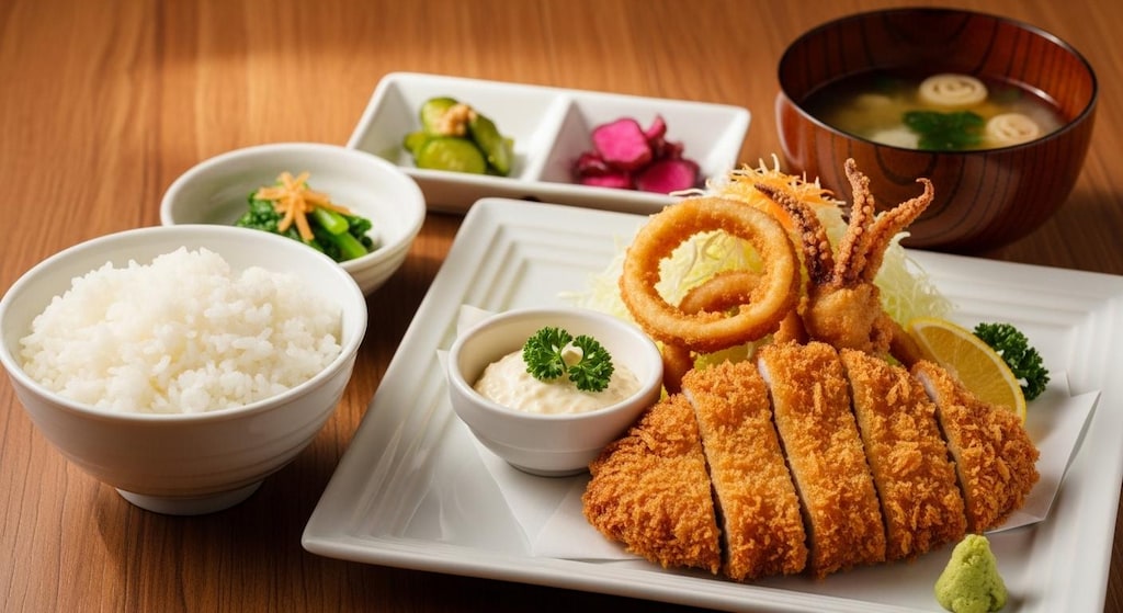 ヒレカツとイカフライ定食タルタルソース付き