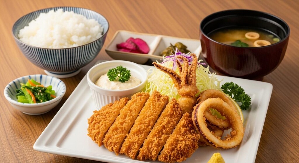 ヒレカツとイカフライ定食タルタルソース付き