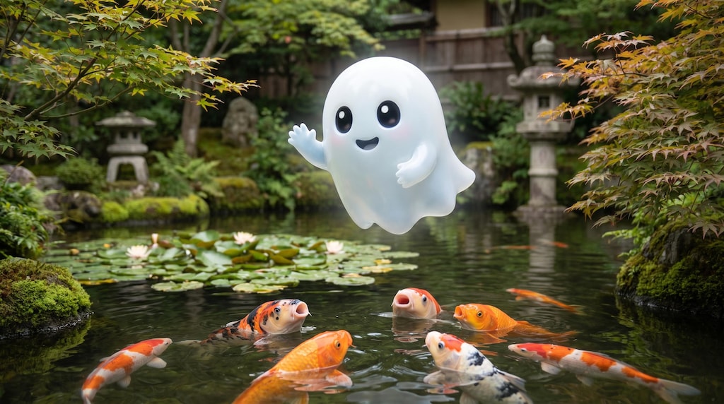 錦鯉に挨拶するお化けさん