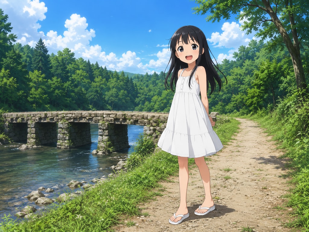 白ワンピース少女と石の橋