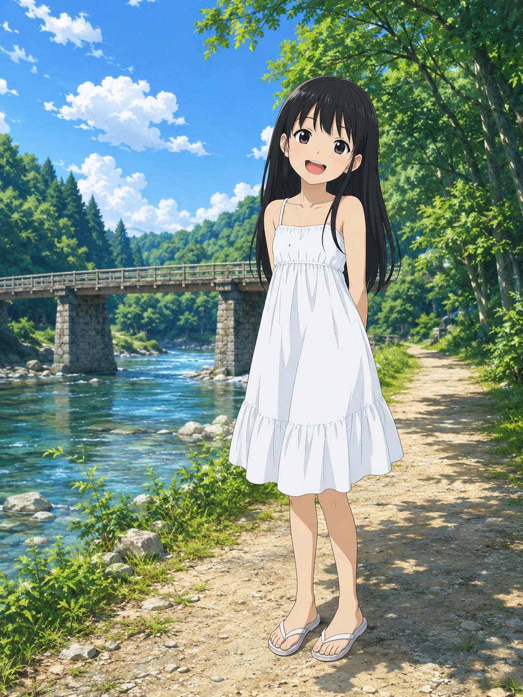 白ワンピース少女と石の橋