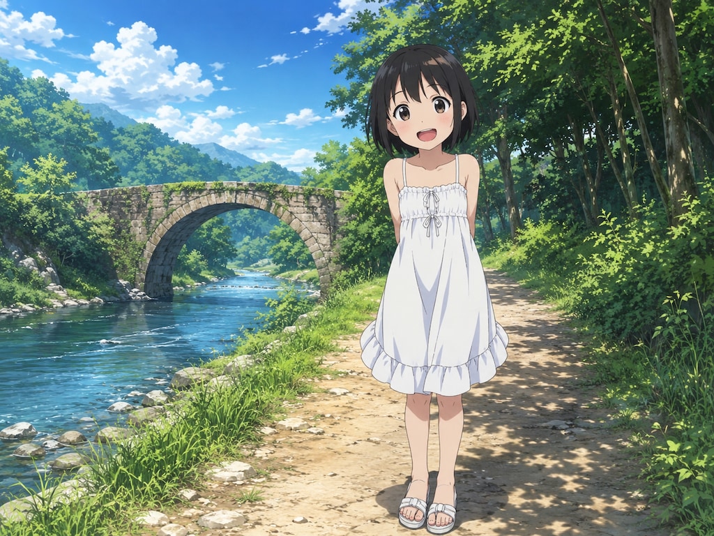 白ワンピース少女と石の橋
