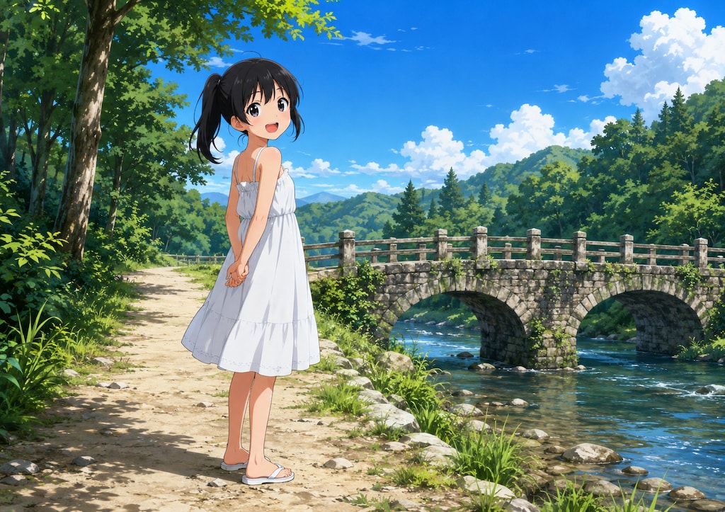 白ワンピース少女と石の橋