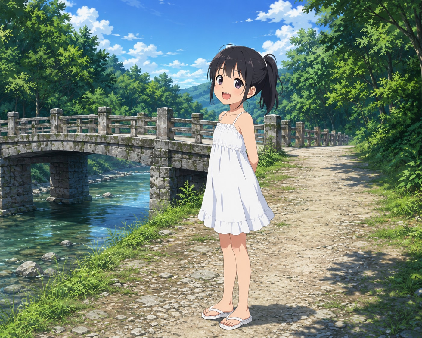白ワンピース少女と石の橋