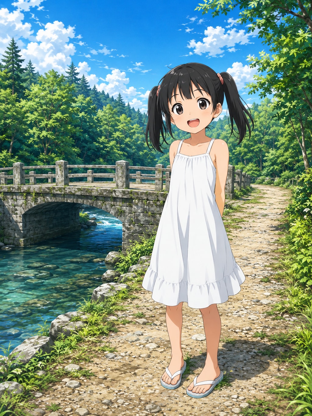 白ワンピース少女と石の橋