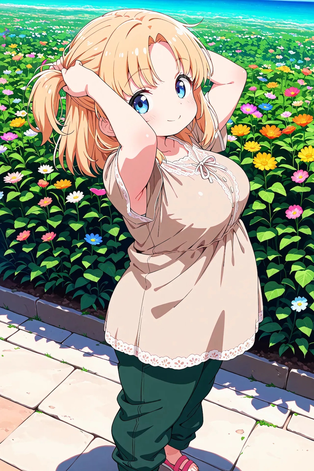 まりあちゃんが髪を束ねる