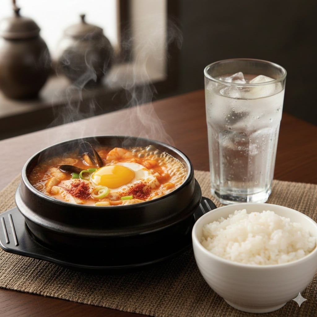 【昼食】純豆腐チゲ、白米、水