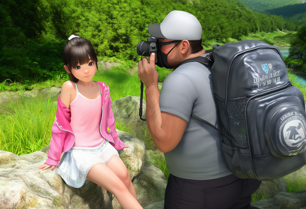 森林浴　川岸で写真撮影