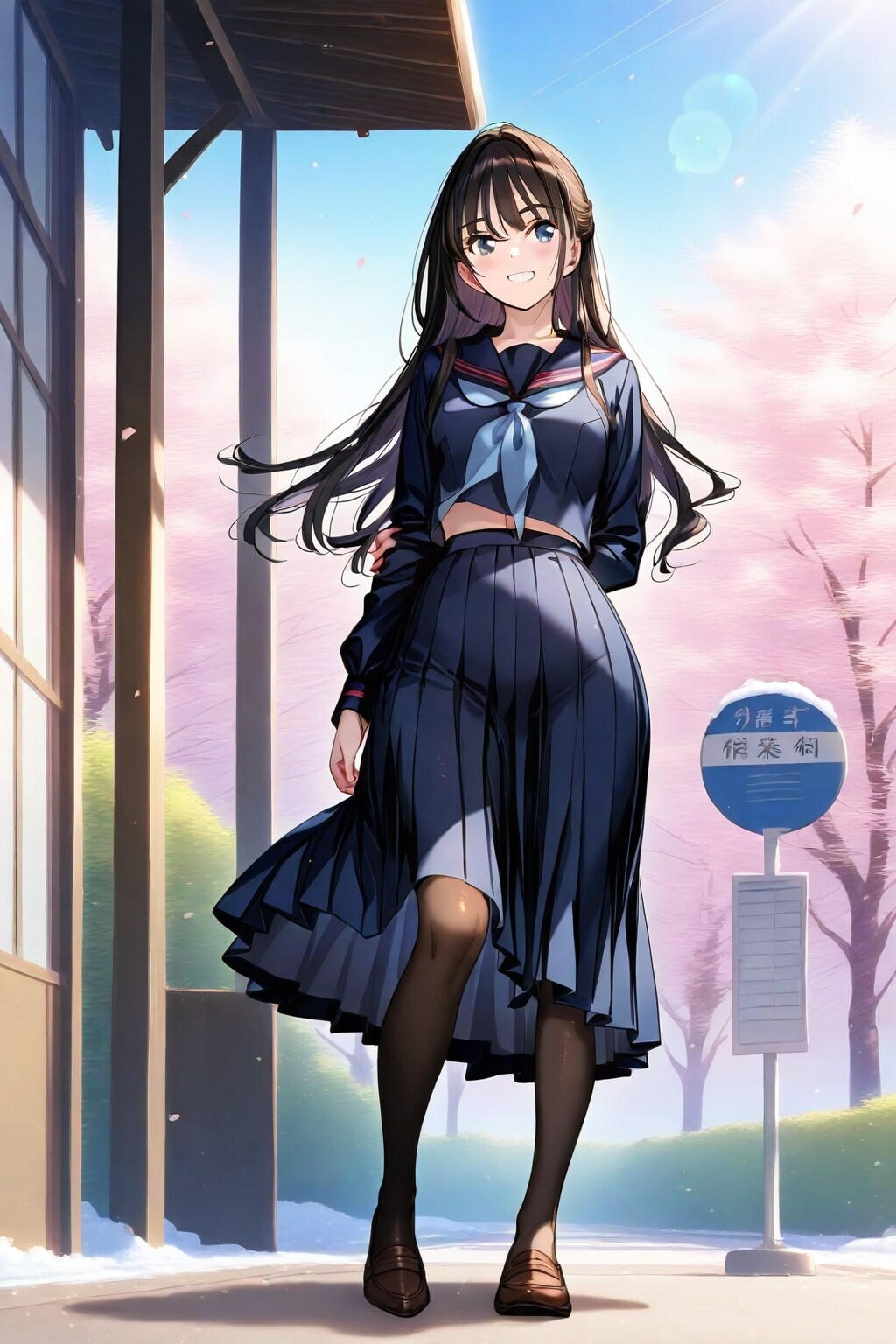 タイツに指定していたシースルーを外して、スカートの透過が無くなった「桜のバス停で待つ少女」