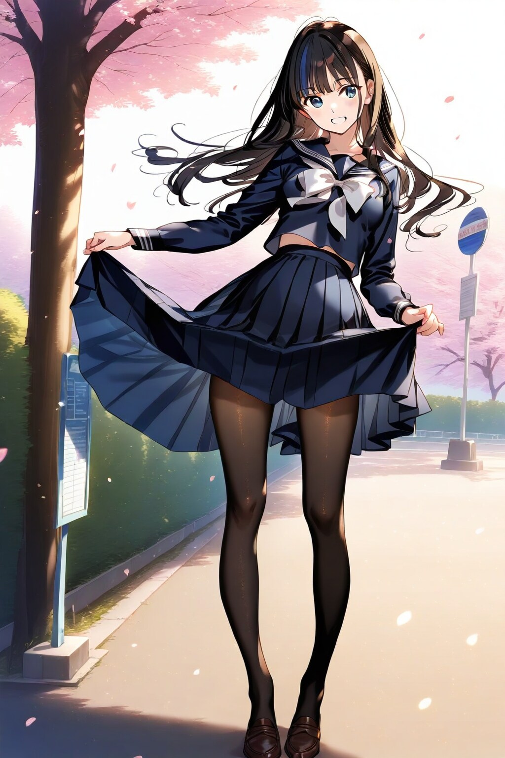 タイツに指定していたシースルーを外して、スカートの透過が無くなった「桜のバス停で待つ少女」